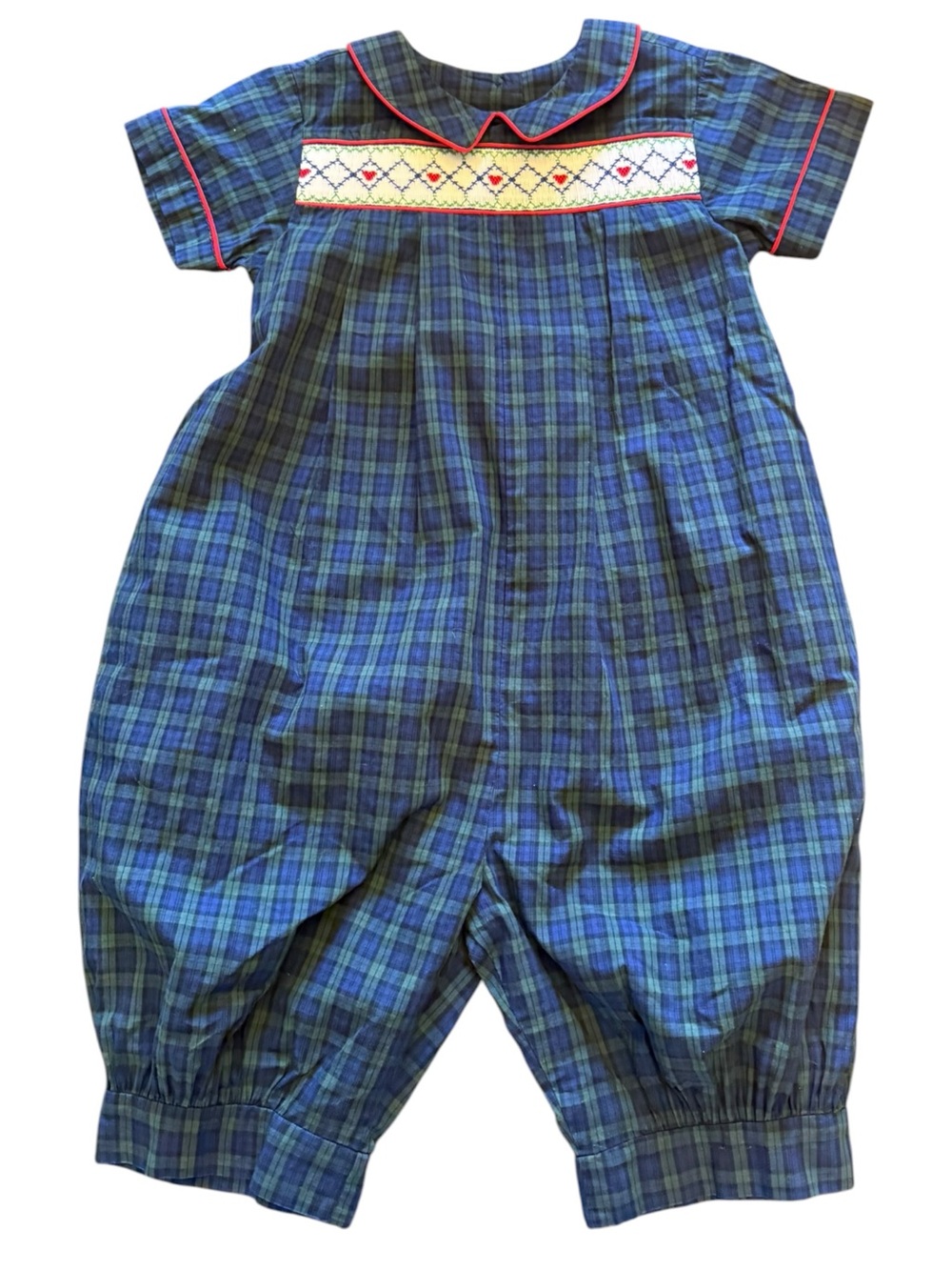 Vintage Beaux et Belles Blue & Green Plaid Smocked Kids Romper with Red Trim - Picture 2 of 5